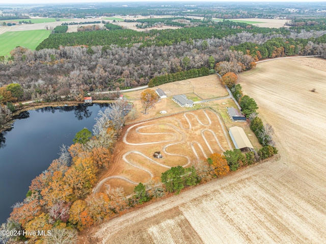 bird's eye view featuring a rural view and a water view