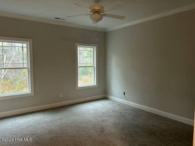 carpeted empty room featuring crown molding, plenty of natural light, and ceiling fan