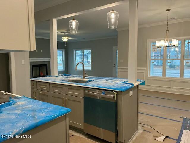 kitchen with a center island with sink, dishwasher, gray cabinets, and sink