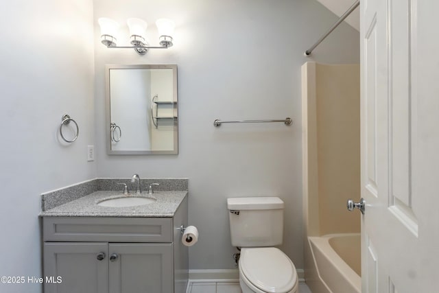 full bathroom with toilet, bathtub / shower combination, and vanity