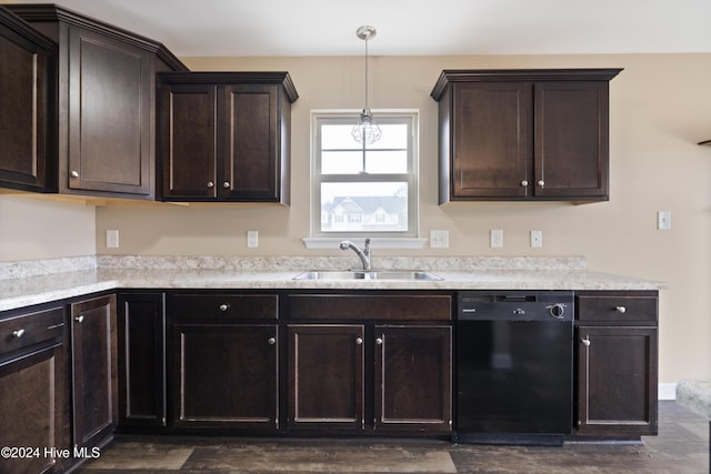 kitchen with dishwasher, dark brown cabinets, pendant lighting, and sink