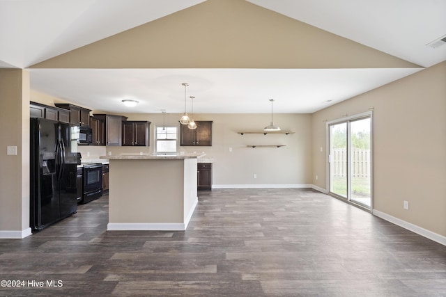 kitchen with a center island, dark wood-type flooring, decorative light fixtures, dark brown cabinets, and black appliances