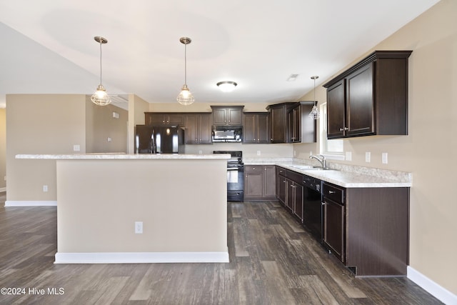 kitchen with a center island, dark wood-type flooring, black appliances, decorative light fixtures, and dark brown cabinets