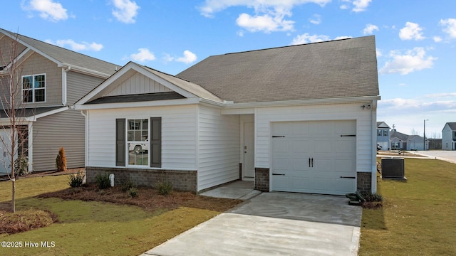 view of front facade featuring brick siding, concrete driveway, an attached garage, board and batten siding, and a front lawn