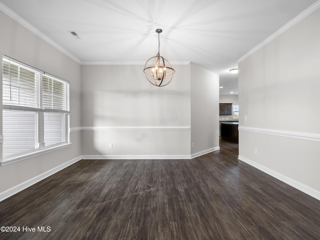 unfurnished room featuring a chandelier, ornamental molding, and dark wood-type flooring