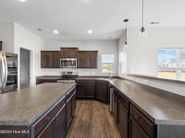 kitchen with sink, stainless steel appliances, dark hardwood / wood-style floors, plenty of natural light, and pendant lighting