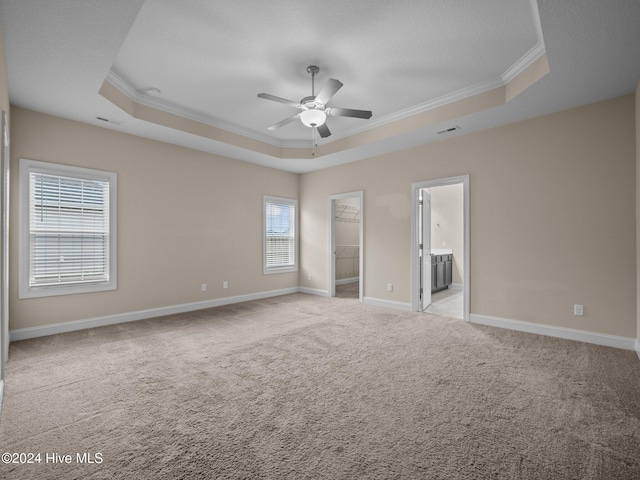 spare room featuring ceiling fan, a raised ceiling, ornamental molding, and light carpet