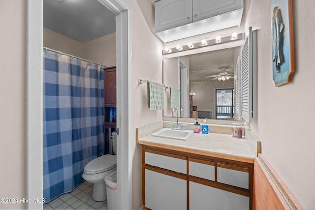 bathroom featuring ceiling fan, vanity, and toilet