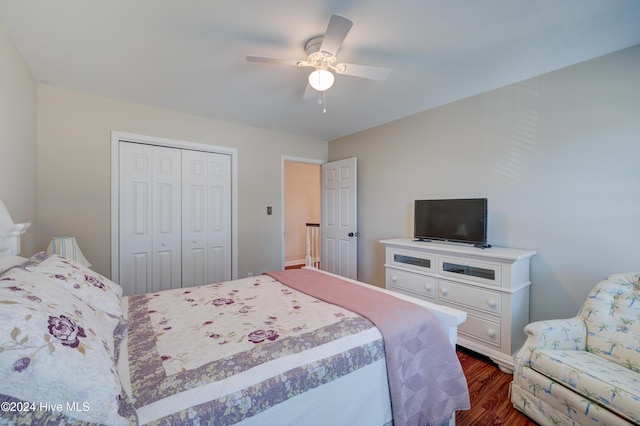 bedroom with ceiling fan, dark hardwood / wood-style flooring, and a closet