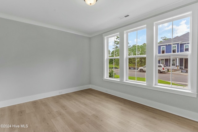 empty room featuring crown molding and light hardwood / wood-style flooring