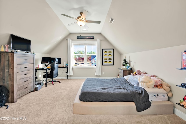 bedroom with ceiling fan, lofted ceiling, and light carpet