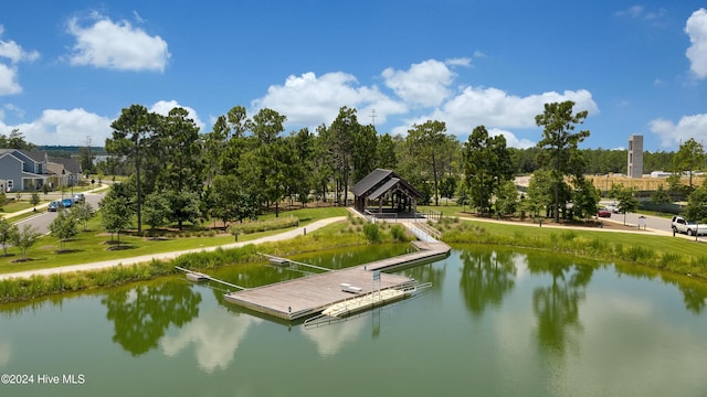 dock area featuring a gazebo and a water view