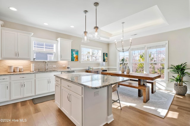 kitchen with sink, pendant lighting, light hardwood / wood-style flooring, a center island, and white cabinetry