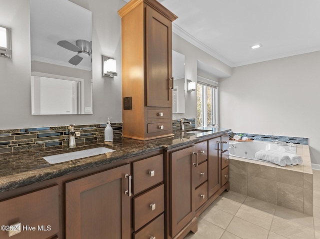 bathroom with vanity, tile patterned floors, ceiling fan, and crown molding