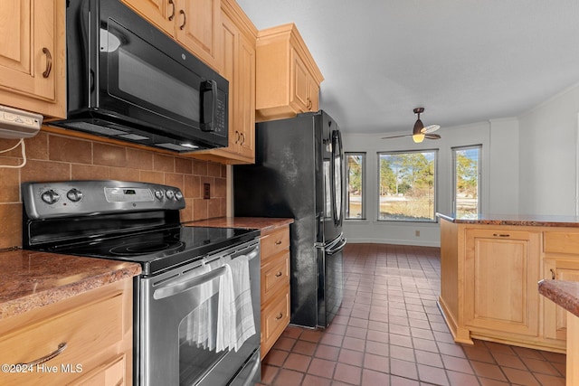 kitchen featuring black appliances, tile patterned floors, decorative backsplash, ceiling fan, and light brown cabinetry