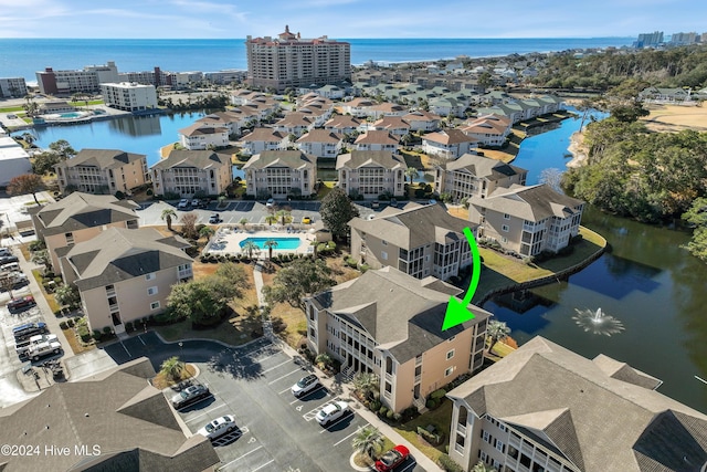 aerial view featuring a water view