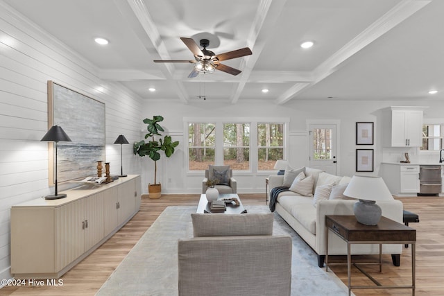 living room with light wood-type flooring, coffered ceiling, ceiling fan, wooden walls, and beamed ceiling