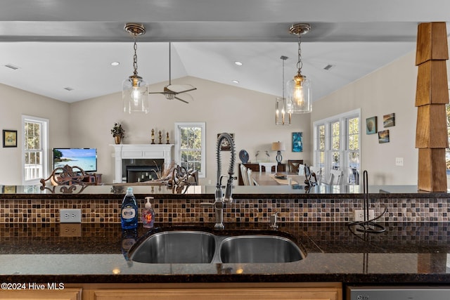 kitchen with a wealth of natural light, stainless steel dishwasher, a sink, and a glass covered fireplace