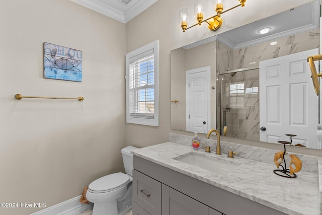 full bath featuring crown molding, a marble finish shower, toilet, vanity, and baseboards