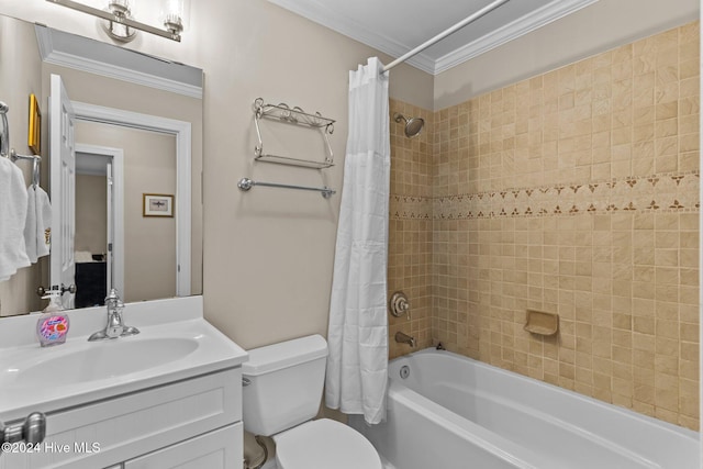 full bath with toilet, ornamental molding, shower / tub combo with curtain, and vanity