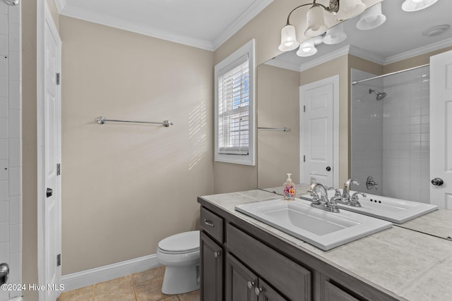 full bath featuring toilet, ornamental molding, vanity, baseboards, and tile patterned floors