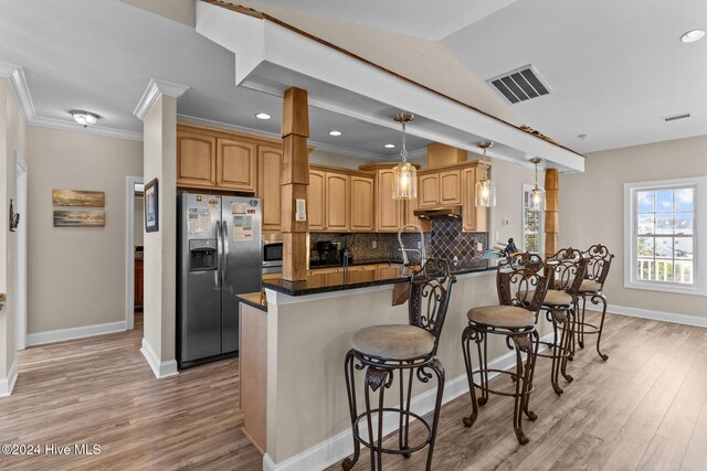 bedroom with ceiling fan, access to exterior, light wood-type flooring, and crown molding