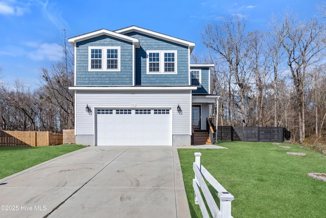 front facade with a garage and a front lawn