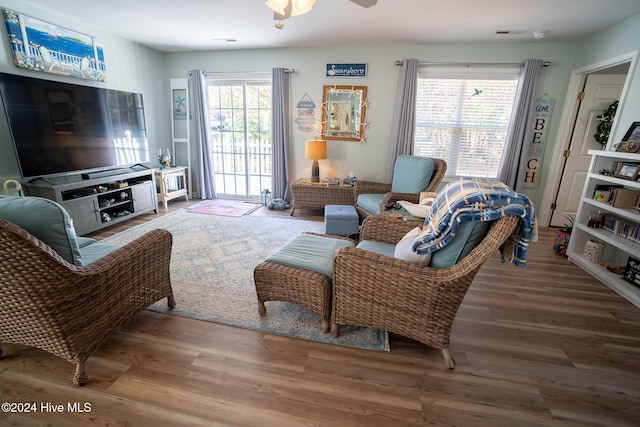 living room with hardwood / wood-style floors, plenty of natural light, and ceiling fan