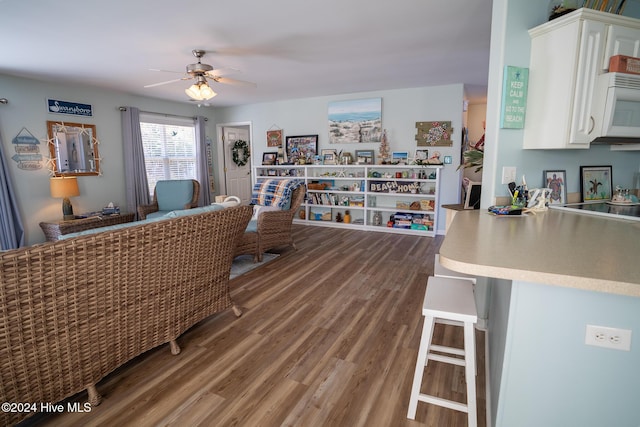 living room featuring ceiling fan and dark hardwood / wood-style floors