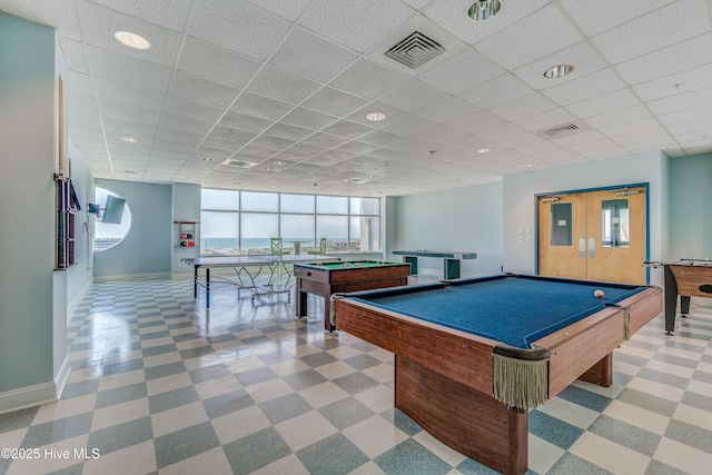 recreation room with baseboards, a drop ceiling, visible vents, and billiards