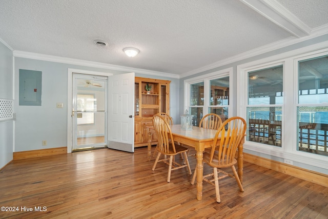 dining space with light wood-style floors, electric panel, visible vents, and ornamental molding