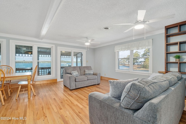 living area featuring a healthy amount of sunlight, light wood finished floors, visible vents, and crown molding