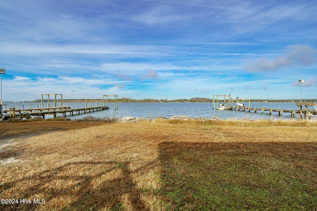 view of dock with a water view