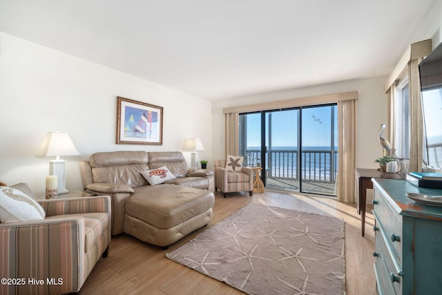 living room with a wealth of natural light, light wood-type flooring, and a water view