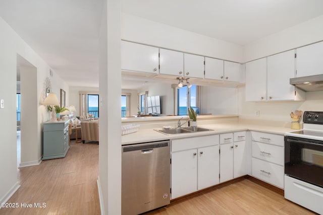 kitchen with white cabinetry, dishwasher, sink, white range with electric cooktop, and light hardwood / wood-style flooring