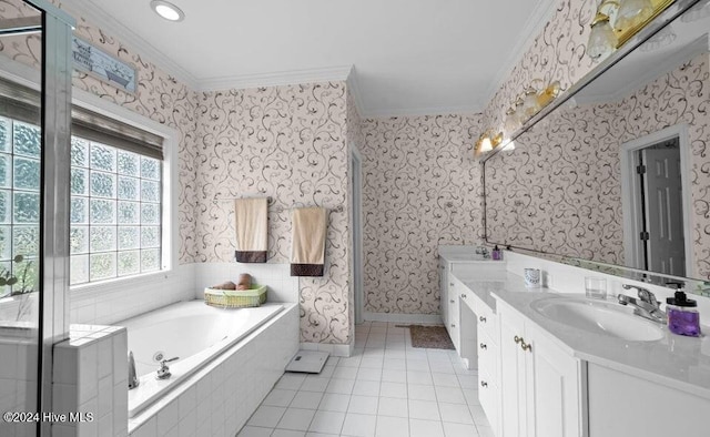 bathroom with tile patterned floors, crown molding, vanity, and separate shower and tub