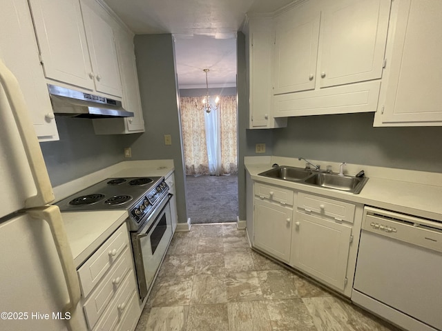 kitchen with white cabinetry, white appliances, sink, and a notable chandelier