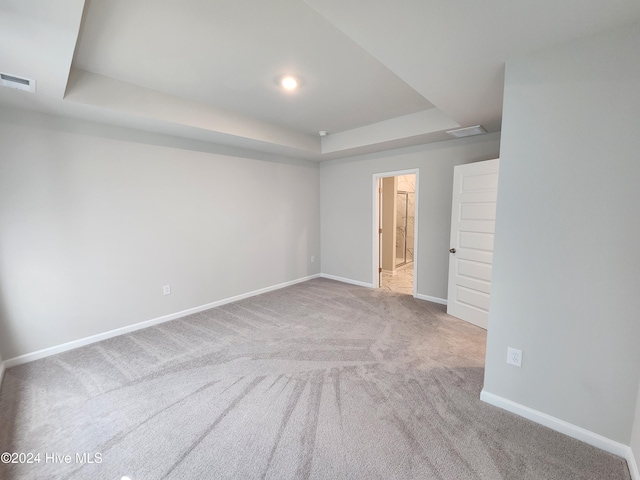 unfurnished room with light colored carpet and a tray ceiling