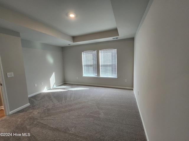 spare room with light carpet and a tray ceiling