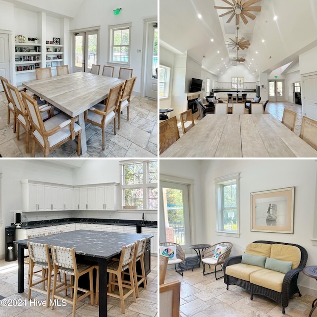 dining room with ceiling fan, high vaulted ceiling, and built in shelves