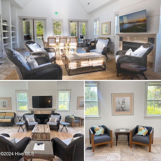 living room featuring high vaulted ceiling, built in features, and french doors