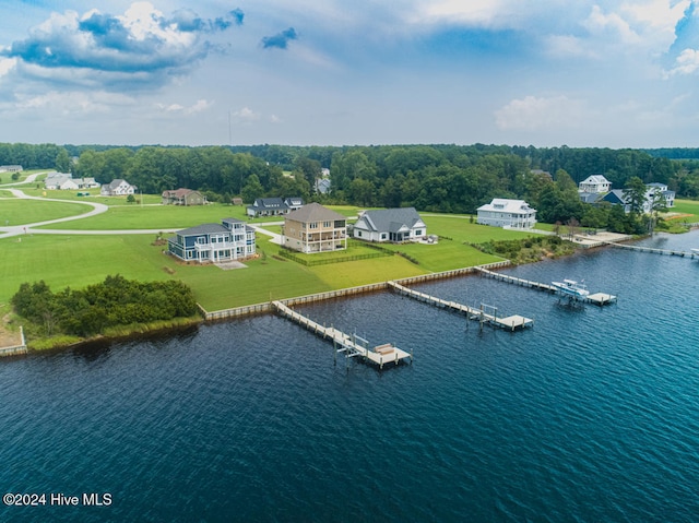 bird's eye view with a water view