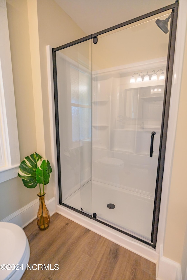 bathroom featuring walk in shower and wood-type flooring