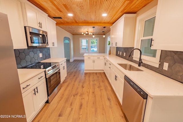 kitchen with stainless steel appliances, sink, kitchen peninsula, decorative backsplash, and wood ceiling