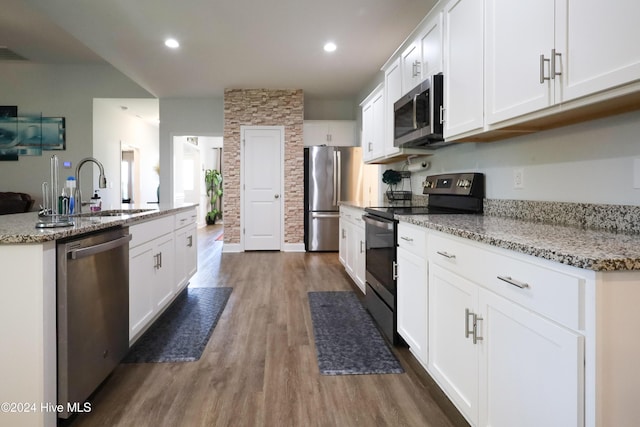 kitchen featuring white cabinets, sink, light stone counters, appliances with stainless steel finishes, and dark hardwood / wood-style flooring