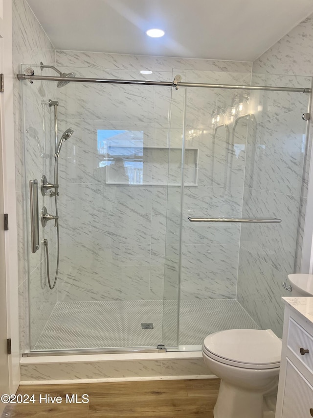 bathroom with wood-type flooring, vanity, toilet, and an enclosed shower