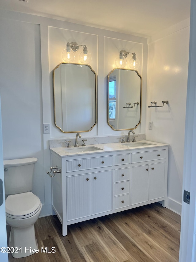 bathroom with vanity, wood-type flooring, and toilet