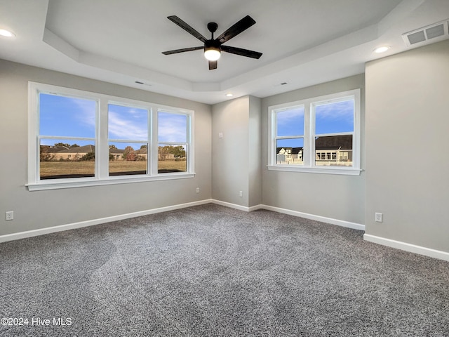 carpeted empty room with a tray ceiling, ceiling fan, and plenty of natural light