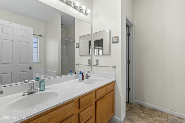 bathroom with vanity and independent shower and bath