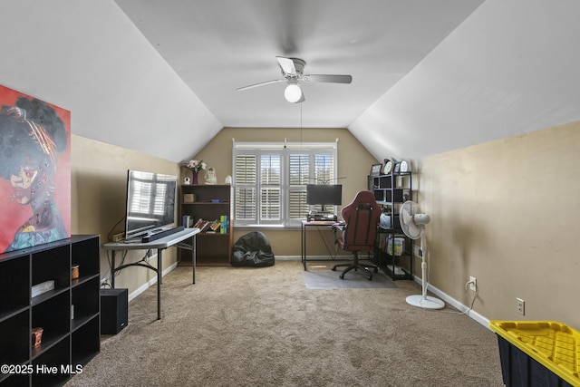 carpeted office with ceiling fan and lofted ceiling